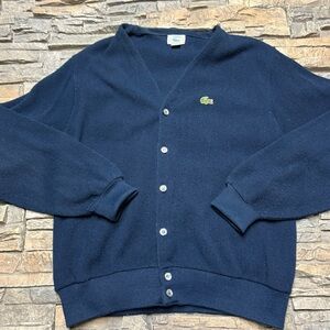 Vtg Izod Lacoste V Neck Cardigan Mens Large Blue Preppy Grandpa Alligator